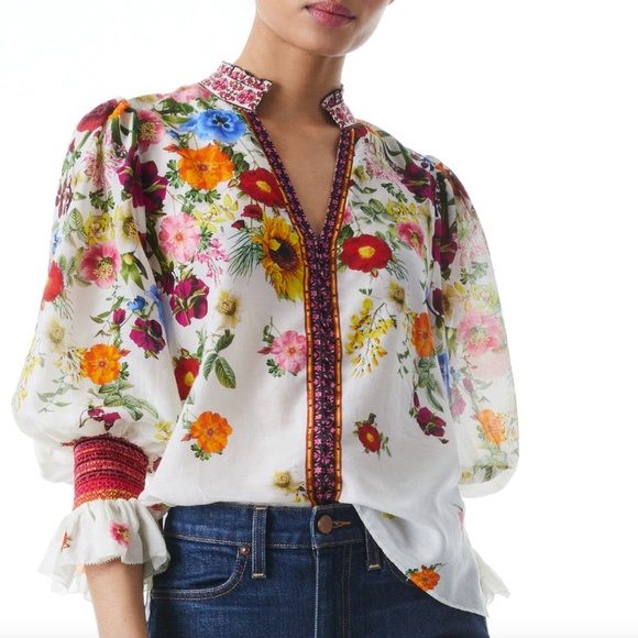 ALICE + OLIVIA Ilan Smocked Floral Blouse - Picture 1 of 14